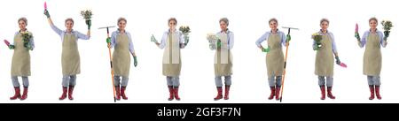 Set of asian mature gardener woman with tools full length portraits doing different gestures isolated on white background Stock Photo