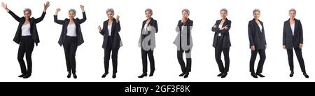 Set of mature asian business woman full length portraits doing different gestures isolated on white background Stock Photo