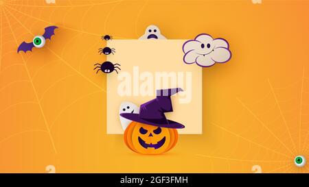 Happy Halloween banner or party invitation background with bats, spiders and funny pumpkins in paper cut style. Square frame. Vector Stock Vector