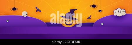 3d paper art abstract minimal geometric shape pattern background. Halloween background design with product display. Spiders and bats. Stock Vector