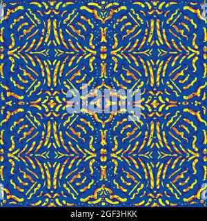 Bright moorish style geometric vector seamless pattern background. Moroccan mosaic effect painterly tiles blended blue yellow orange backdrop Stock Vector