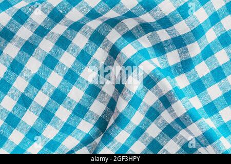 Wrinkled Natural Linen Plaid Fabric Abstract Background Texture, Blue And White Colors Stock Photo