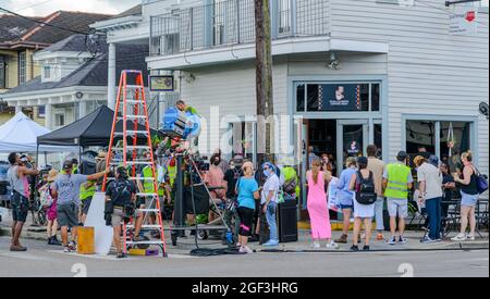 NEW ORLEANS, LA, USA - AUGUST 20, 2021: Film Crew for the Disney Channel's 'Ultraviolet and Black Scorpion' filming at coffee shop on Freret Street Stock Photo
