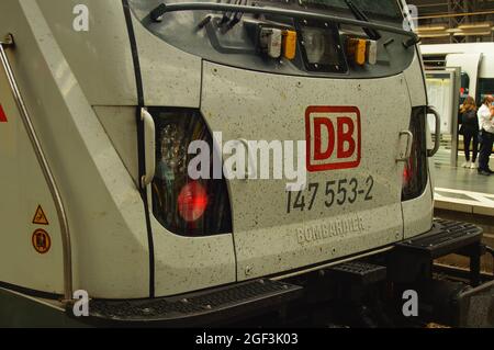 FRANKFURT, GERMANY - Aug 20, 2021: Front detail of a Bombardier TRAXX AC3 locomotive, DB class 147, in intercity livery for IC2 in Frankfurt Central S Stock Photo