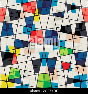 Abstract Mondrian style seamless vector pattern. Bauhaus background diagonal geometric style. Colorful mosaic art grid repeat backdrop. Blended Stock Vector