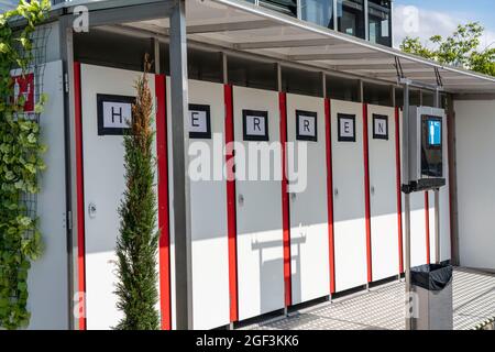 Toilets, at an open-air cinema, men's WC, toilet cabins, Cologne, NRW, Germany, Stock Photo