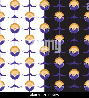 Geometrical flower shapes seamless patterm. Modern floral folklore design concept. Circle, line, half moon forms, blue electric, yellow color palette Stock Vector
