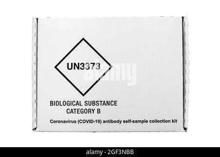Coronavirus COVID-19 antibody self-sample collection kit box isolated on a transparent background for testing blood for antibodies. England UK Britain Stock Photo