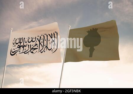 Flags of Taliban and afghan poppy Papaver somniferum opium and heroin waving with cloudy blue sky background, 3D redering. Stock Photo