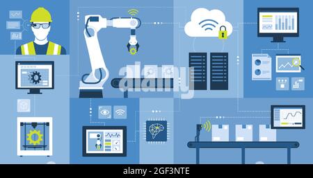 Industry 4.0: automation, industrial IOT, innovative production process and technology Stock Vector