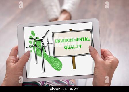 Environmental quality concept shown on a tablet held by a woman Stock Photo