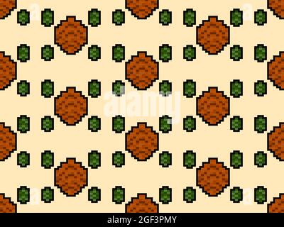Fir-tree cone seamless pattern in pixel art style. 8 bit fir-tree cone in 2D retro style. Design for printing, wrapping paper and advertising. Vector Stock Vector