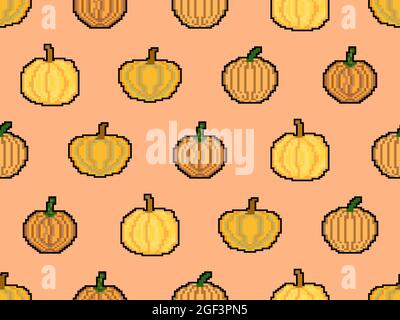 Pumpkin seamless pattern in pixel art style. 8 bit pumpkin in 2D retro style. Design for printing, wrapping paper and advertising. Vector illustration Stock Vector