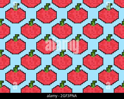 Red apple seamless pattern in pixel art style. 8 bit icon apple in 2D retro style. Design for printing, wrapping paper and advertising. Vector illustr Stock Vector