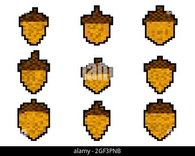 Acorn icon set isolated on white background, pixel art. 8 bit acorn icon in 2D retro style, oak symbol. Retro design for printing, wrapping paper and Stock Vector