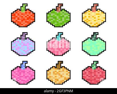 Apple icon set isolated on white background. 8 bit apple icon in 2D retro style. Retro design for printing, wrapping paper and advertising. Vector ill Stock Vector