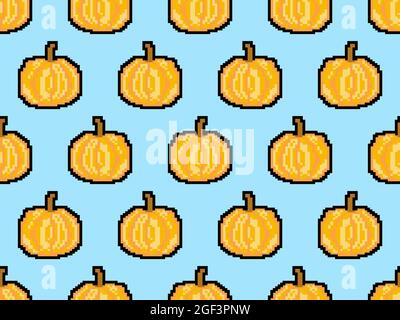 Pumpkin seamless pattern in pixel art style. 8 bit pumpkin in 2D retro style. Design for printing, wrapping paper and advertising. Vector illustration Stock Vector
