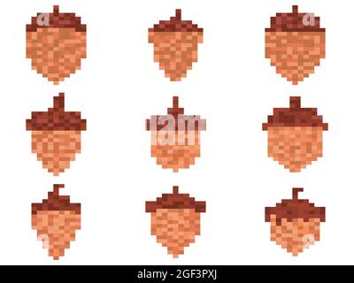 Acorn icon set isolated on white background, pixel art. 8 bit acorn icon in 2D retro style, oak symbol. Retro design for printing, wrapping paper and Stock Vector