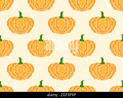 Pumpkin seamless pattern in pixel art style. 8 bit pumpkin in 2D retro style. Design for printing, wrapping paper and advertising. Vector illustration Stock Vector