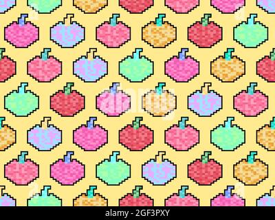 Apple seamless pattern in pixel art style. 8 bit multicolored apples  in 2D retro style. Design for printing, wrapping paper and advertising. Vector i Stock Vector