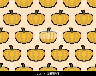 Pumpkin seamless pattern in pixel art style. 8 bit pumpkin in 2D retro style. Design for printing, wrapping paper and advertising. Vector illustration Stock Vector