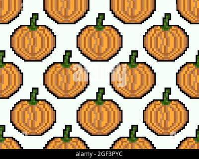 Pumpkin seamless pattern in pixel art style. 8 bit pumpkin in 2D retro style. Design for printing, wrapping paper and advertising. Vector illustration Stock Vector