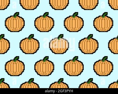 Pumpkin seamless pattern in pixel art style. 8 bit pumpkin in 2D retro style. Design for printing, wrapping paper and advertising. Vector illustration Stock Vector