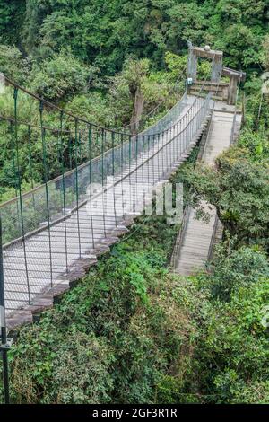 Suspension bridges leading to the viewpoint on Pailon del Diablo (Devil's Cauldron) waterfall near Banos town, Ecuador Stock Photo