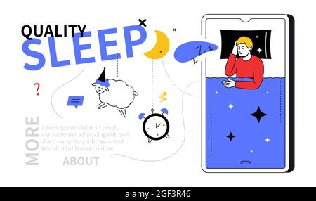 Quality sleep - line design style web banner on white background and copy space for text. A man lies in bed, covered with a blanket, his head is on a Stock Vector