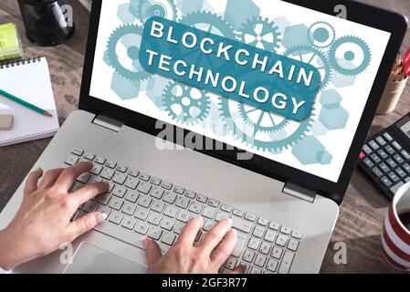 Blockchain technology concept shown on a laptop screen Stock Photo