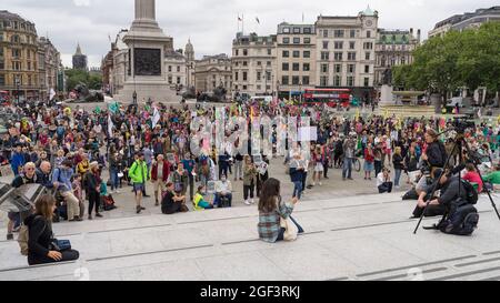 Extinction Rebellion protest against climate change. Huge crowd in Trafalgar Square listening to speeches. London - 23rd August 2021 Stock Photo