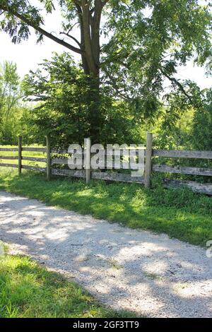 Italian Farmhouse Rural Rustic wooden farm fence crossing rural field, weathered weathered logs ...