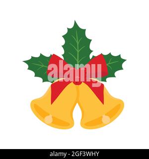 Golden Christmas bells with red bow and Holly berries isolated on white background Stock Vector