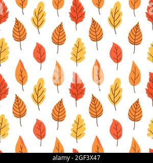 Botanical seamless pattern with various orange and yellow autumn leaves. Vector hand-drawn illustration in cartoon flat style. Perfect for cards, wrapping paper, textile, print, decorations. Stock Vector