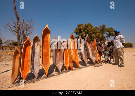 African souvenirs for tourists, mini mokoro boats on sale on the Caprivi Strip, on the Angola border, Namibia Stock Photo