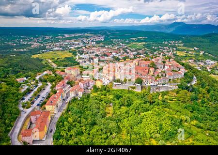 Historic town of Labin on picturesque hill aerial view, Istria region of Croatia Stock Photo