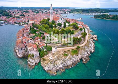 Town of Rovinj historic peninsula aerial view, famous tourist destination in Istria region of Croatia Stock Photo