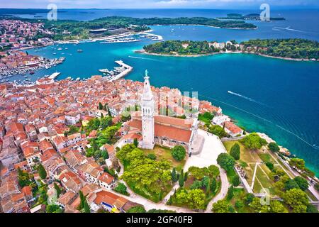 Town of Rovinj historic peninsula and archipelago aerial view, famous tourist destination in Istria region of Croatia Stock Photo