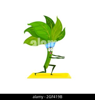 Green spinach leaves bunch doing sport exercise on fitness pilates yoga mat isolated. Vector ripe green veggies salad greenery in sportive band, vegan Stock Vector