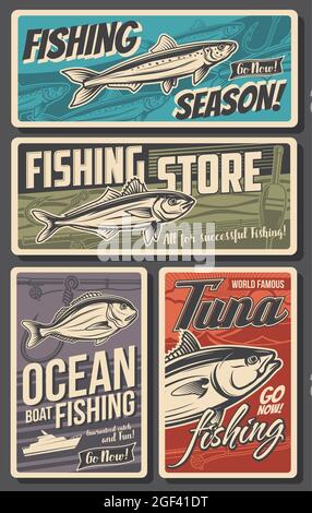 Fishing retro banners, vector horse mackerel, gilt head bream, anchovy and  tuna fish. Fisherman equipment store. Ocean boat fishing, rods or spinning  Stock Vector Image & Art - Alamy