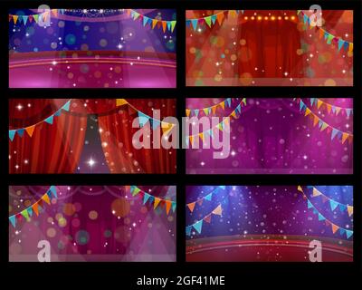 Circus and theater stage interior with curtains, funfair carnival show. Circus stage or theater performance show scene with red drapery curtains, flag Stock Vector