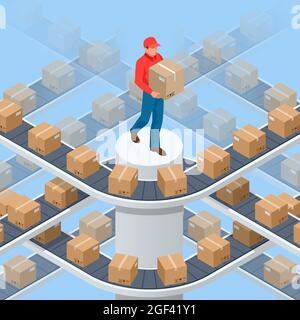 Isometric packed courier on production line against cardboard boxes in warehouse. Transport and processing of orders in trade. Cargo shipment boxes. Stock Vector