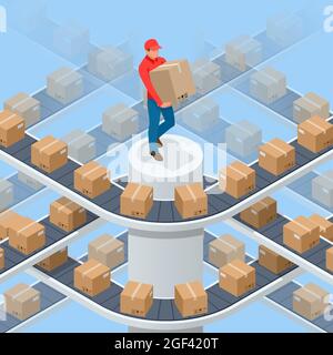 Isometric packed courier on production line against cardboard boxes in warehouse. Transport and processing of orders in trade. Cargo shipment boxes. Stock Vector