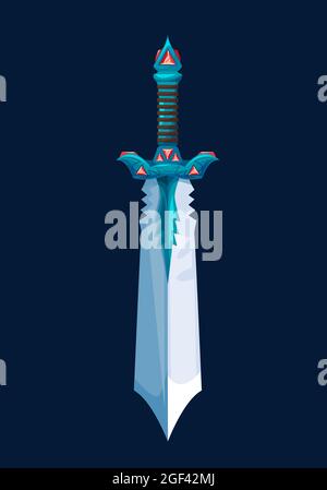 Magical cartoon steel broadsword blade. Vector dagger with jagged edges and gem stones on hilt. Knight sword, glaive or knife, cold arms. Ui design el Stock Vector