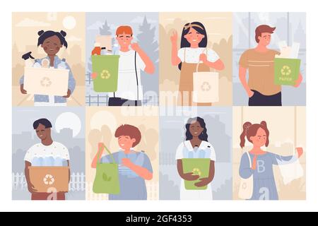 People sorting garbage set vector illustration. Cartoon woman man characters holding bags or trash bin containers to sort waste rubbish, kids collect, care ecology environment collection background Stock Vector
