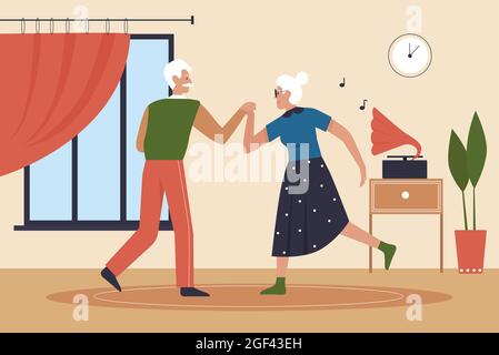 Elderly couple dance at home living room interior vector illustration. Cartoon senior woman man characters dancing to music, older grandfather and grandmother dancers, happy retirement background Stock Vector