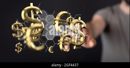 Panoramic shot of a male's hand touching floating euro and dollar icons Stock Photo