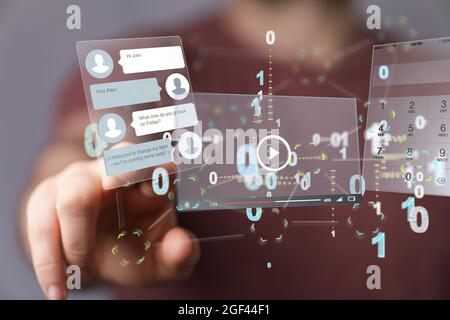 Hand touching floating 3D web development interface Stock Photo