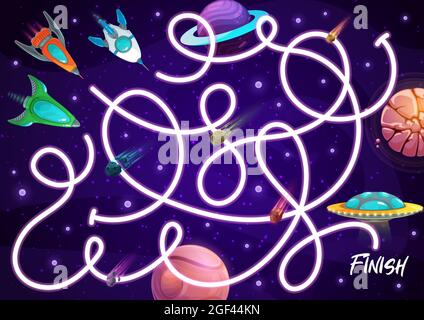 Kids labyrinth maze with spaceships, vector board game with rockets and planets in space. Boardgame with tangled path, start and finish, cartoon plane Stock Vector