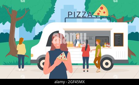 Pizza street market food truck van in summer park and people eat fastfood vector illustration. Cartoon young happy woman character eating pizza slice snack near mobile cafe restaurant background Stock Vector